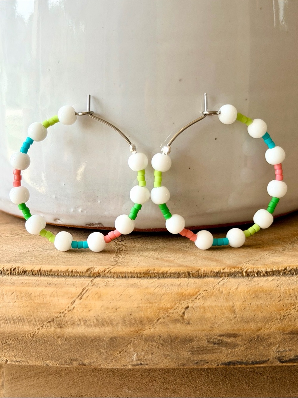 Confetti White Beaded Hoop Earrings